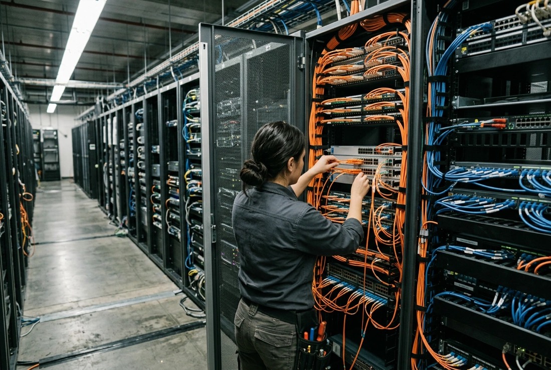 An engineer patching fibre into a core network cabinet