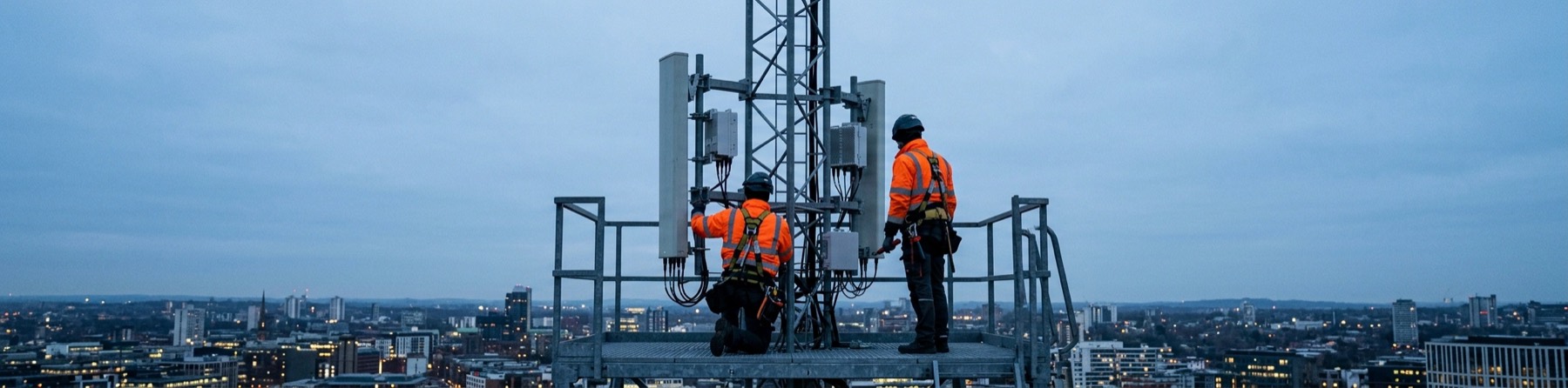 Two engineers on a rooftop transmission site at dusk